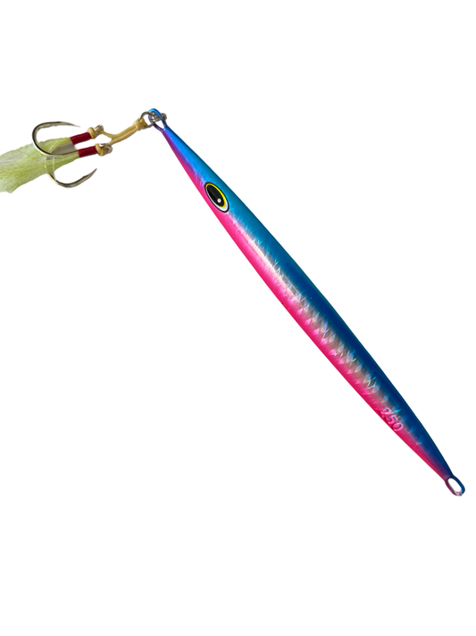 Full Box Fishing- Hotshot 250g Slow Pitch / Speed Hybrid Jig (Blue Pink Flash Glow-Back)